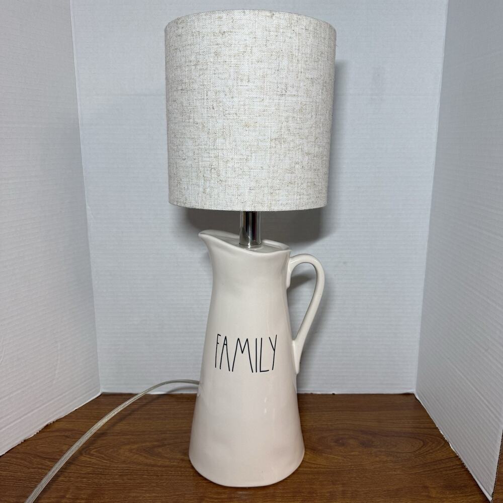 Rae Dunn “Family” White Pitcher Lamp Home Decor Shabby Chic Hammered Ceramic